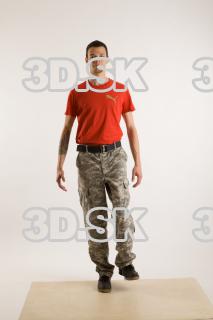 Walking reference of whole body red shirt army jeans brown…
